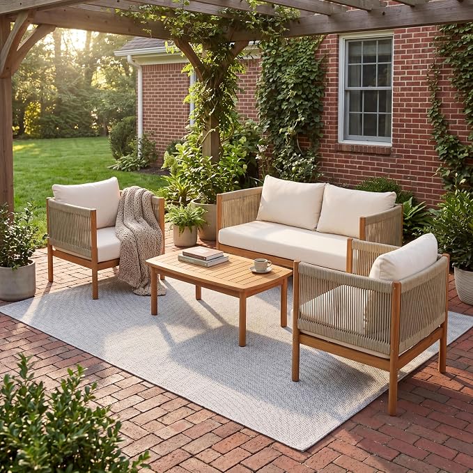 Merax 4-Piece Outdoor Sofa Set with Acacia Wood Frame in Teak Look, Beige Rope Panels & Cream Cushions, Patio Conversation Set with 2 Club Chairs, Loveseat & Coffee Table for Patio & Garden