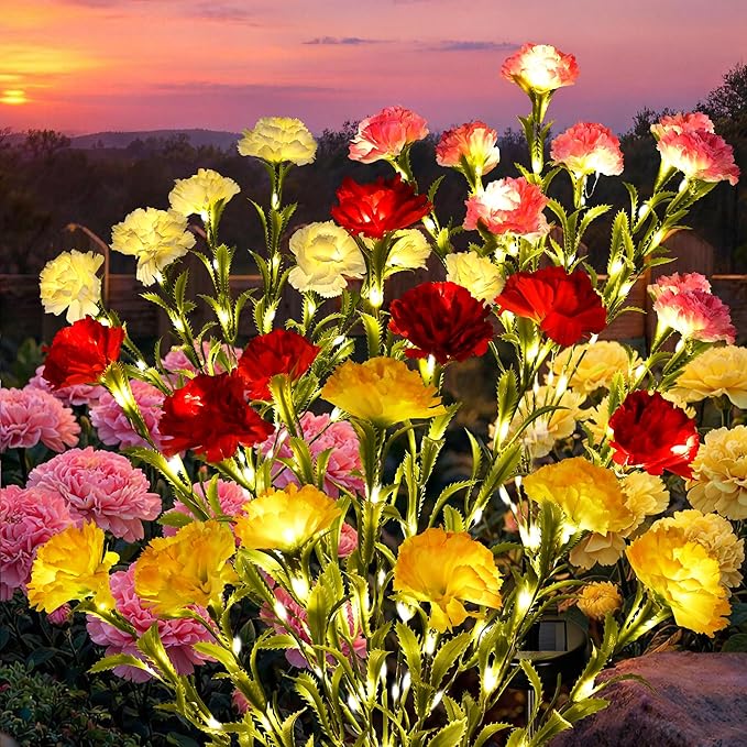 GIGALUMI Solar Lights Outdoor for Garden Decor, 4 Pack Solar Flower Lights Waterproof, 2 Lighting Modes 28 Carnations for Pathway,Yard, Patio Decoration, Gardening Gifts for Women (Multi-Colored)