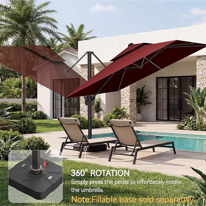 10x10 FT Patio Umbrella, Large Cantilever Double Top Heavy Duty Offset Umbrellas with 360° Rotation, Outdoor shade for Garden Deck Pool, Red