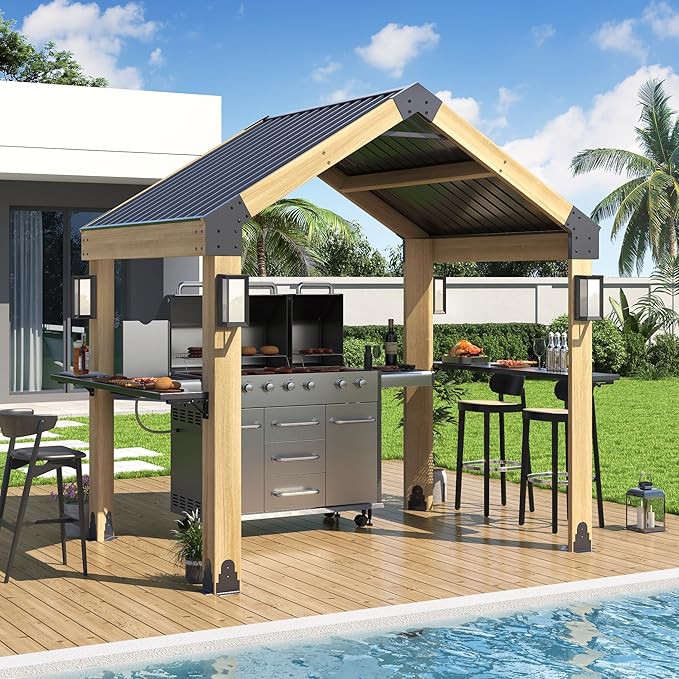 GARTOO 7.7'x5.7' Outdoor Grill Wood Gazebo - Hardtop Gazebo with 2 Side Shelves, Solar Light and Galvanized Steel Roof, Patio Wooden BBQ Pergola for Garden, Porch and Backyard