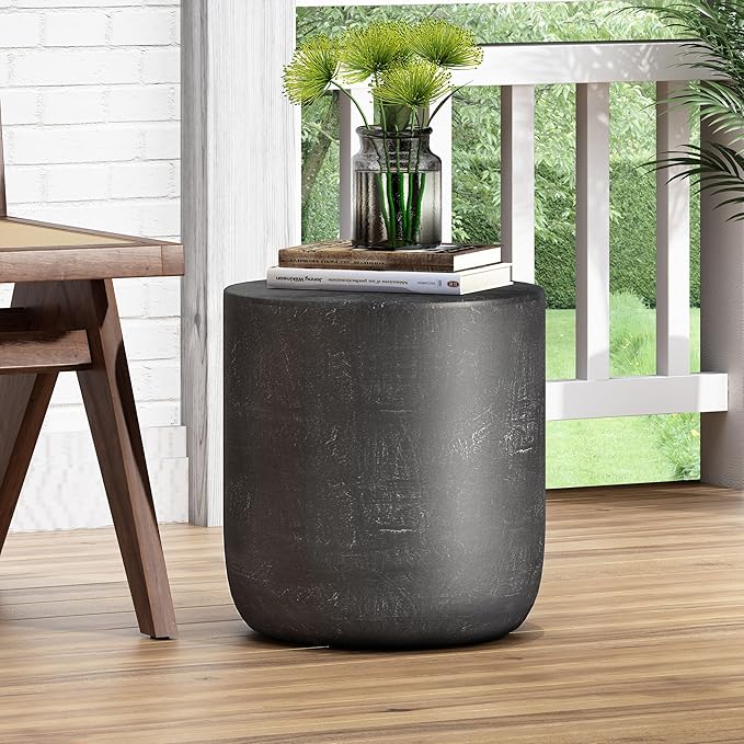 WILLIAMSPACE ø15.5 Concrete Side Table Black End Table for Outdoor, Modern Retro Small Drum Coffee Table, Durable End Table for Living Room, No Assembly, Magnesium Oxide, Matte Black
