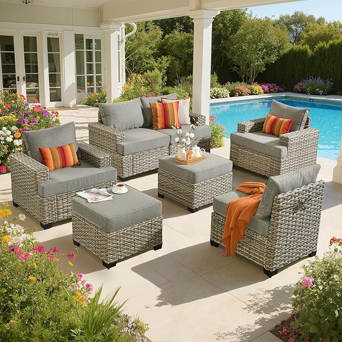 Outdoor Sectional Patio Furniture Set,7 Pieces All Weather Rattan Wicker Conversation Sets,Out Door Furniture with Ottoman Single Chair,Dark Grey