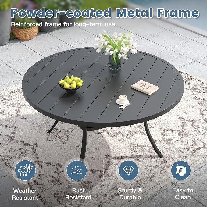 DIFY Outdoor Dining Set for 8, 9 Piece Patio Table and Chairs Set, Swivel Patio Dining Chairs with Blue Textilene & 60" Black Round Metal Dining Table with Umbrella Hole, for Garden Backyard Deck