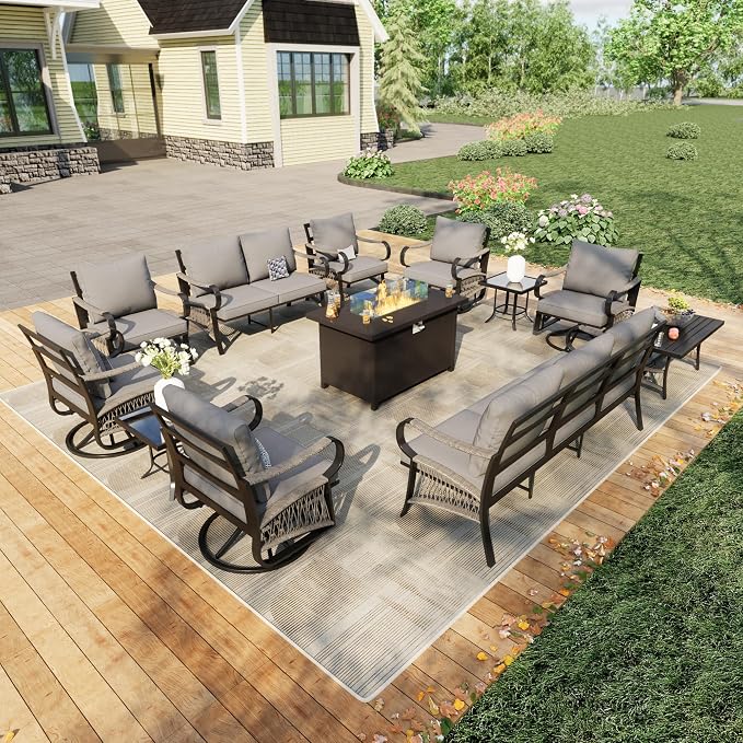 12 Pieces Patio Conversation Sets, All Weather Metal Outdoor Furniture Set 3-Seater 4 Swivel Rockers with 2 Side Tables 2 Single Chairs 1 Loveseat with Coffee Table and Fire Pit Table, Gray