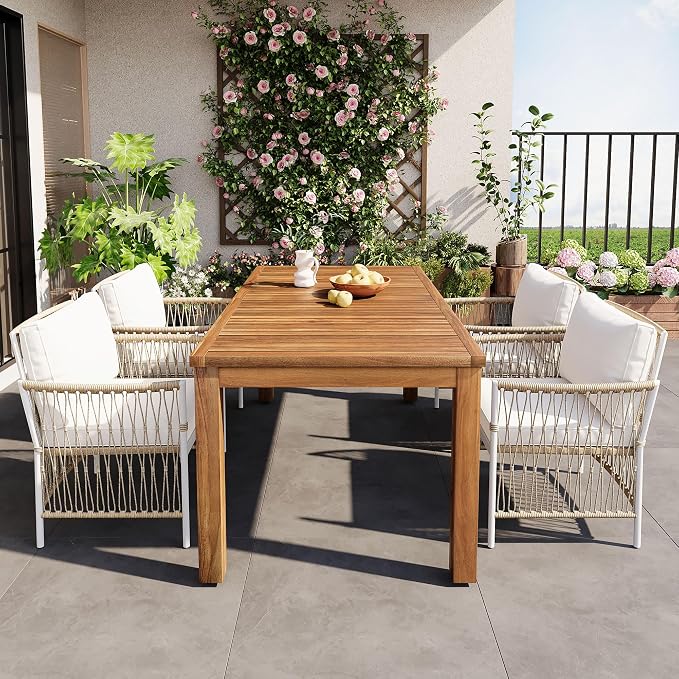 Merax 5 Piece Patio Dining Set, Outdoor Acacia Wood 67 Inch Dinning Table with Sturdy Legs and 4 Rattan Arm Chairs w/Cousions & Pillows for Backyard,Balcony, Garden, Poolside, Natural