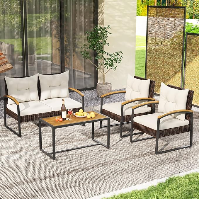 Tangkula 4 Piece Patio Conversation Set, with Heavy Duty Solid Acacia Wood Armrests & Tabletop, Outdoor Cushioned Wicker Furniture Set for Backyard, Poolside, Lawn, Balcony (1, Off White)