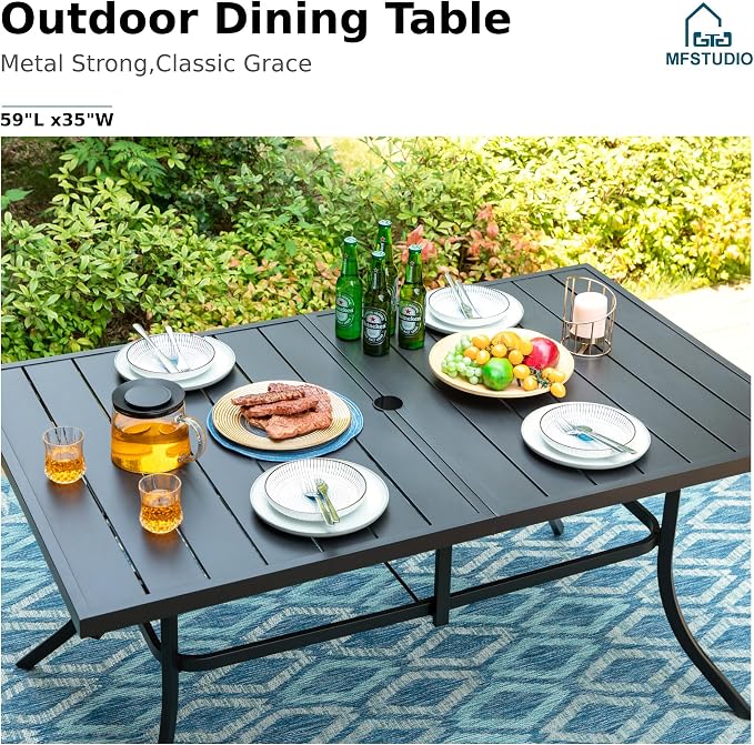 MFSTUDIO Outdoor Patio Dining Set for 6, Patio Dining Set with Umbrella, Outdoor Table and Chairs for 6, Patio Rectangular Metal Dining Table with Swivel Chairs, 8 Pieces Outdoor Furniture Set
