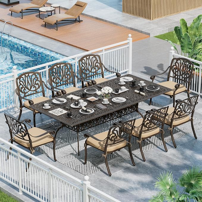MAGIC UNION 9 Pieces Outdoor Dining Set, Cast Aluminum Retro Patio Dining Set Includes 87" Rectangular Dining Table with Umbrella Hole and 8 Stackable Dining Chairs with Cushions (Khaki)