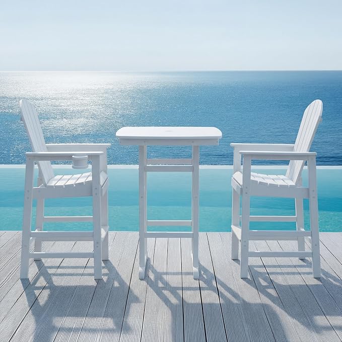3-Piece HDPE Bar Height Table and Chairs Set, 42.1" Square High Top Pub Table with Umbrella Hole, 2 Adirondack Charis with Cup Holders, Outdoor Patio Dining Set for Bistro Backyard Deck White