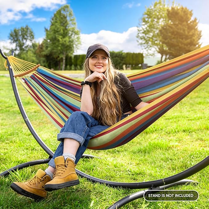 SUNCREAT Hammocks Heavy Duty Double Hammock with Spreader Bar, Carrying Bag, 475 lbs Capacity, Outdoor Hammock Swing, Rainbow