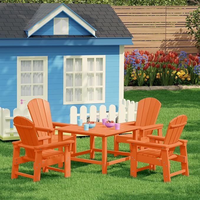 Costaelm Paradise Kids 5-Piece HDPE Outdoor Square Patio Dining Table and Chairs Set, Orange
