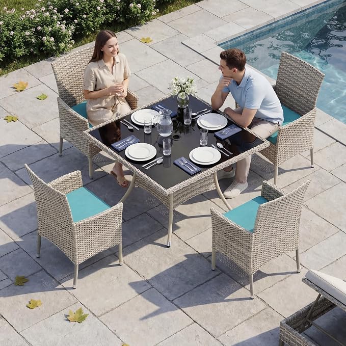5-Piece Patio Dining Set, Patio Furniture Set with Square Tempered Glass Table & 4 Wicker Chairs, Expandable Design for Larger Groups, Outdoor Furniture for Backyard, Deck, Garden, Turquoise