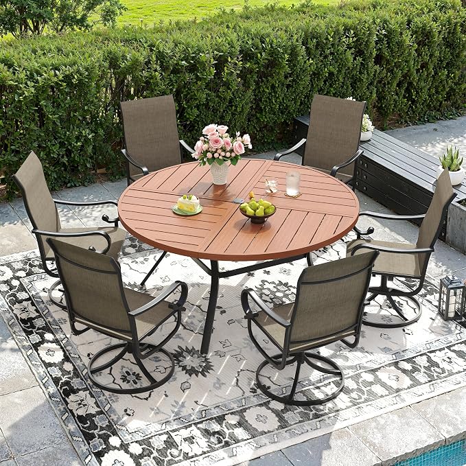 DIFY 7 Piece Outdoor Dining Set for 6, 50" Walnut Round Metal Dining Table with Umbrella Hole and Swivel Patio Chairs with Brown Textilene Fabric, Patio Table and Chairs Set for Garden Backyard Deck