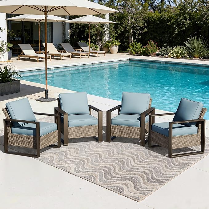 Joyside Outdoor Patio Chairs Set, 4 Pieces Wicker Rattan Chairs with Metal Wide Armrest, Thick Cushions and Deep Seating for Garden, Backyard, Porch, Deck