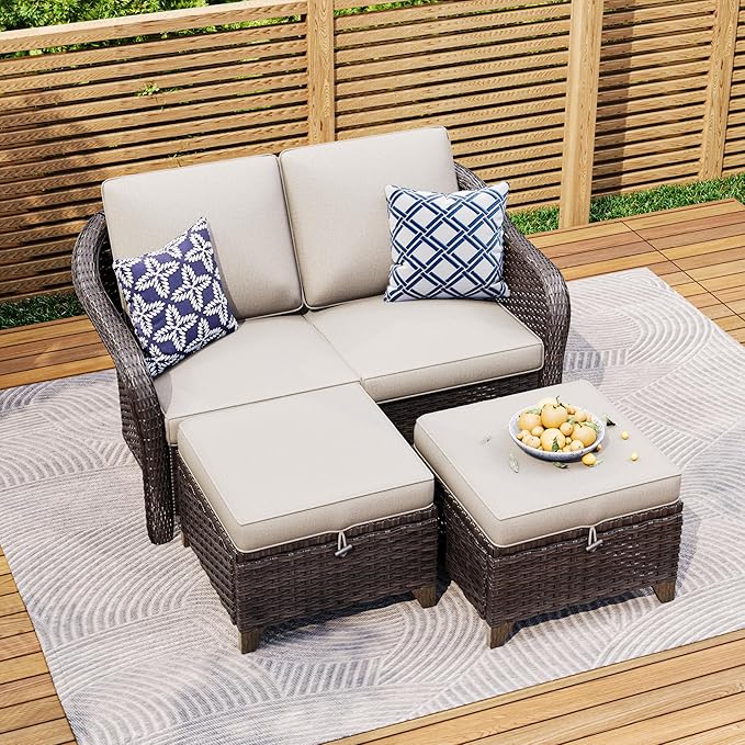 3 Pieces Patio sectional Sofa Set, Outdoor Conversation Furniture Set, 55" Patio Couch with 2 Ottomans, Rattan Wicker Sofa with Removable Cushions for Bistro, Deck (Beige)