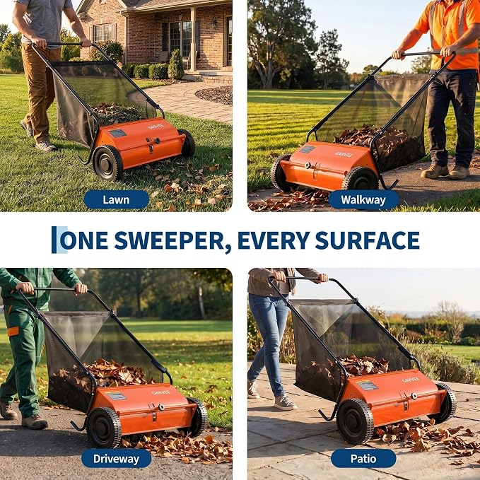 Garvee 26 Inch Push Lawn Sweeper, Walk Behind Leaf Grass Collector with 7 Cu ft Hopper Bag, Carbon Steel Frame, Yard Sweeper with Adjustable Brush Height for Garden Patio Driveway Leaves Cleanup