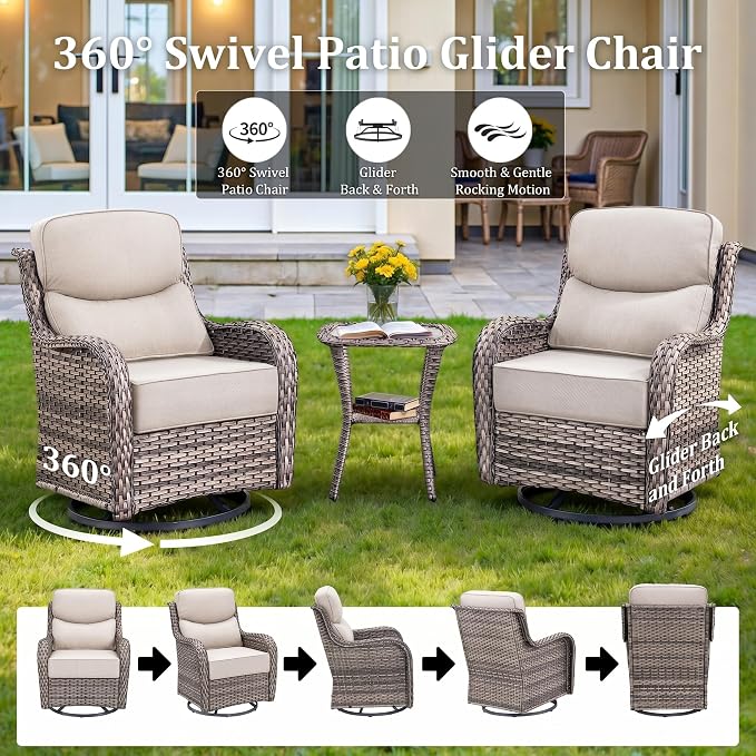 Luxury Outdoor Swivel Rocker Patio Chairs Set of 3, High Back Swivel Patio Chairs with Side Table & 6-Inch Thick Cushions, Wicker Outdoor Bistro Set for Porch, Yard, Deck, Poolside, Grey/Beige