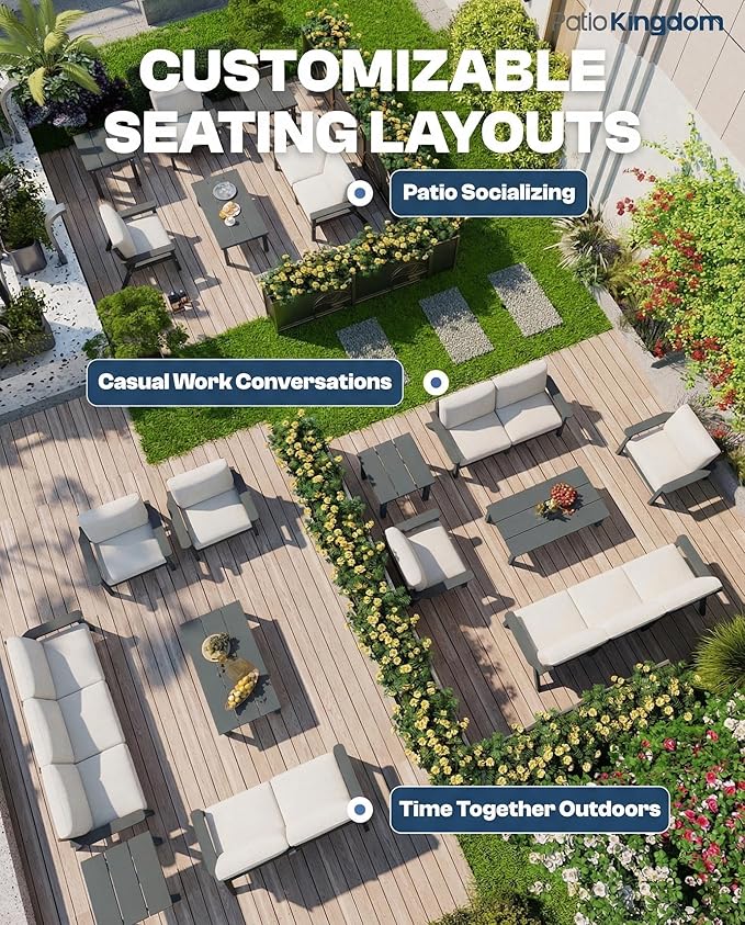10 Piece Outdoor Patio Furniture Set, Outdoor Couch with Washable Thick Beige Cushions, Coffee Table & Side Table, Patio Conversation Sets for Lawn, Garden, Porch, Balcony (Grey Frame)