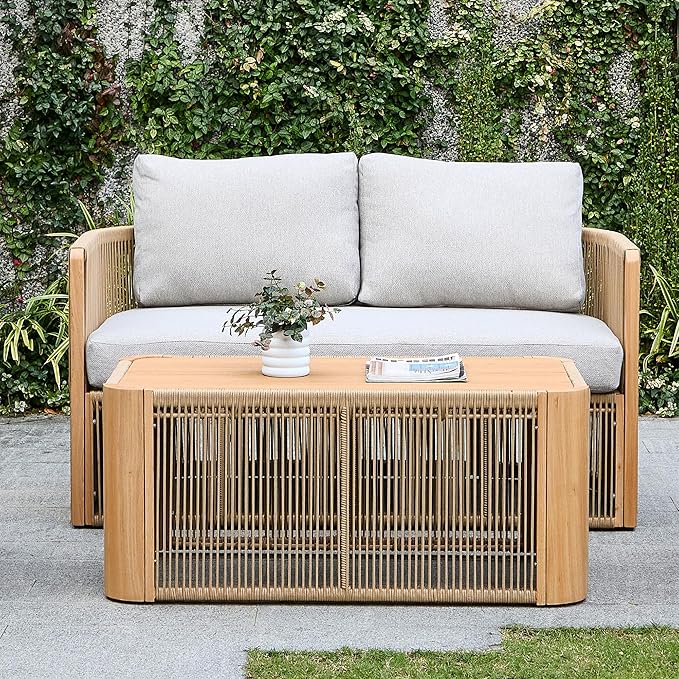 2 Piece Patio Furniture Set, Olefin Rattan Patio Conversation Set, Aluminum Patio Sofa Set, 2 Seat Loveseat with Coffee Table, All Weather Outdoor Sectional Furniture for Backyard/Lawn, Beige