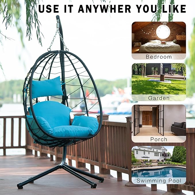 Hanging Egg Chair with Stand, Comfy Indoor/Outdoor Rattan Swing Hammock Chairs, 350lbs Capacity for Patio, Bedroom, Garden (Blue)