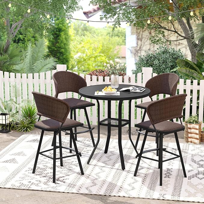 VICLLAX Patio Bar Height Table, Outdoor Round Bar Table with Umbrella Hole for Balcony, Porch, Deck, 37" Black
