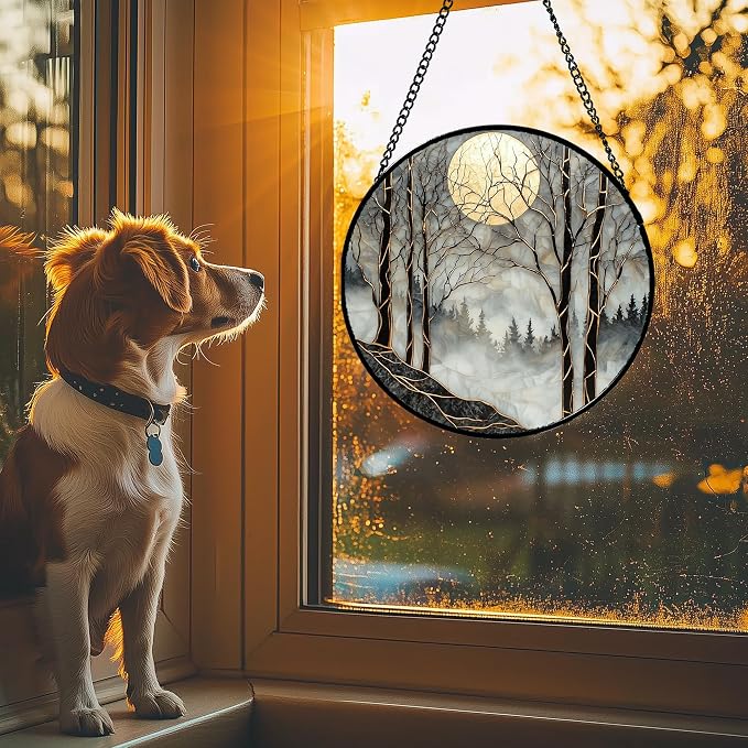 Stained Glass Window Hanging - Grey Moon Forest Sun Catcher for Door Home Decor Suncatcher Christmas Mother's Day Birthday Gifts for Women Men Lovers Mom Nana 7.8 in