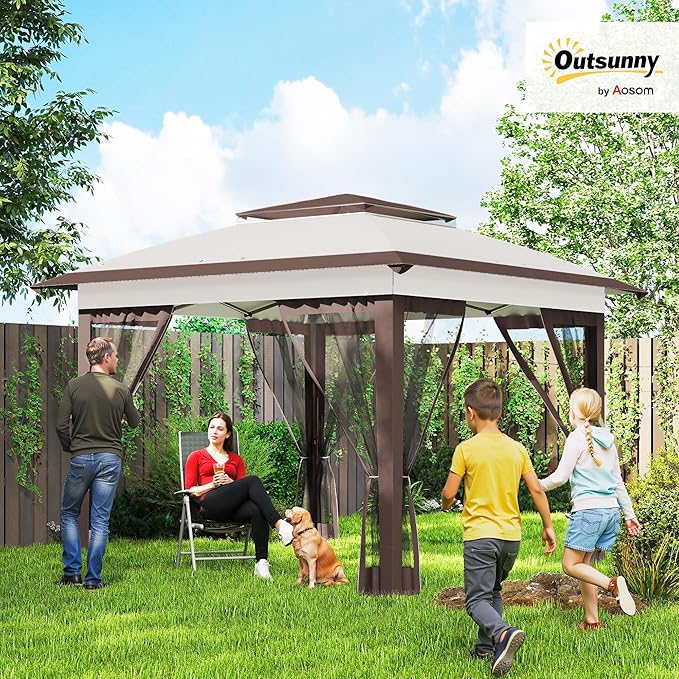 Outsunny 12' x 12' Pop Up Canopy Tent with Netting and Carry Bag, Instant Sun Shelter with 137 sq.ft Shade, Tents for Parties, Height Adjustable, for Outdoor, Garden, Patio, Beige and Brown