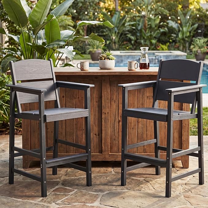 2 Pack Outdoor Bar Stools, HDPE Patio Bar Chairs with Armrests & Footrest, Weather Resistant All-Weather Counter Height Chairs for Outdoor Deck, Backyard, Poolside,Grey