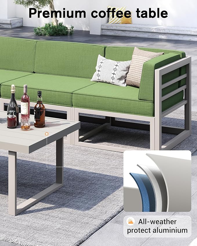 UDPATIO Aluminum Patio Furniture Set, Modular Oversized Outdoor Sectional of Olefin 5 inch Thick Cushion, Coffee Table and Waterproof Cover, Patio Conversation Sets for Porch, Deck