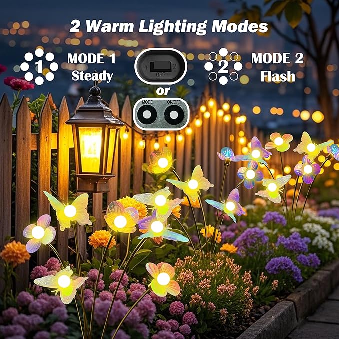 Solar Garden Butterfly Lights 2 Pack 12 LED Solar Swaying Flower Lights Waterproof Firefly Lighting Outdoor for Garden Patio Yard Pathway Flower Bed Decoration