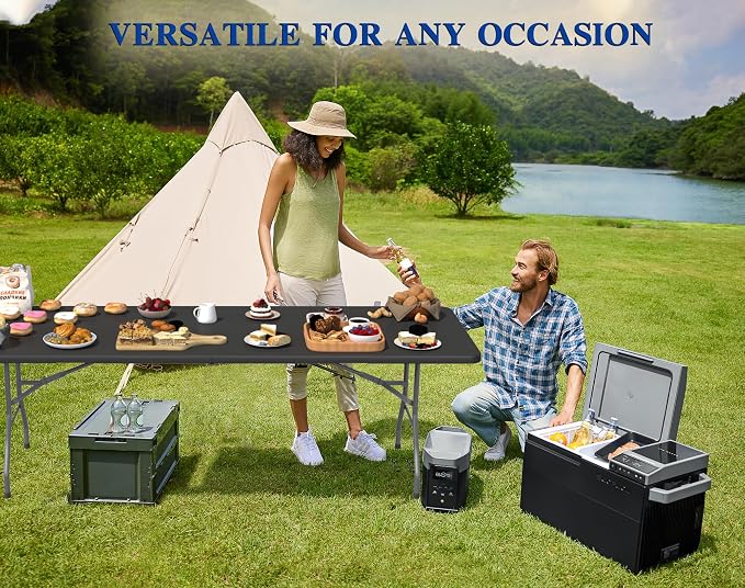 8FT Black Folding Table for Outdoor, 8 Foot Picnic Tables No Assembly Required Portable, Black Foldable Table for Camping, Parties, Meeting, Events, Wedding, BBQ, with Carrying Handle