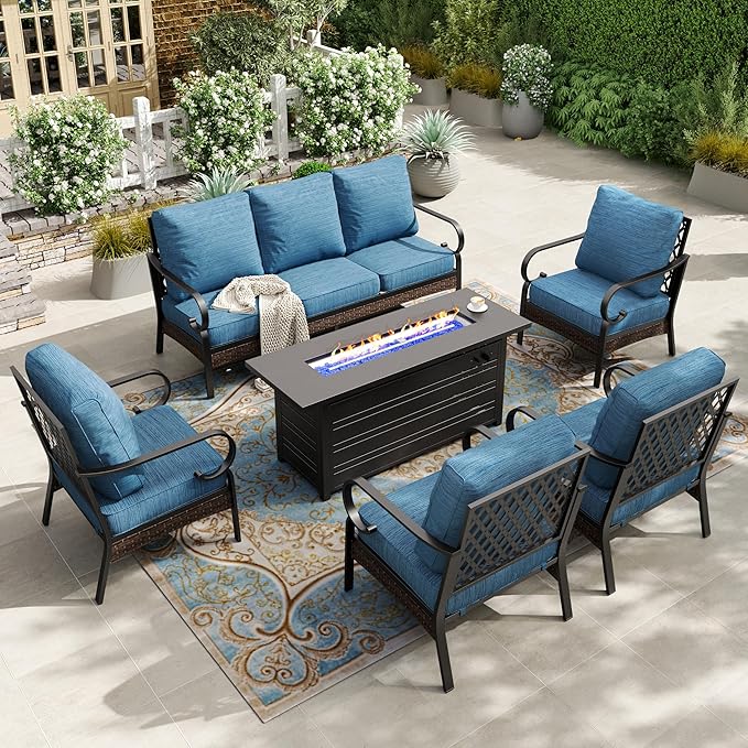 HERA'S HOUSE 6 Piece Metal Patio Furniture Set with 56" Fire Pit Table, All Weather Outdoor Conversation Set, 3 Seat Sofa, 4 Fixed Chairs with Cushion, Seats 7 for Backyard, Garden, Deck, Pacific Blue