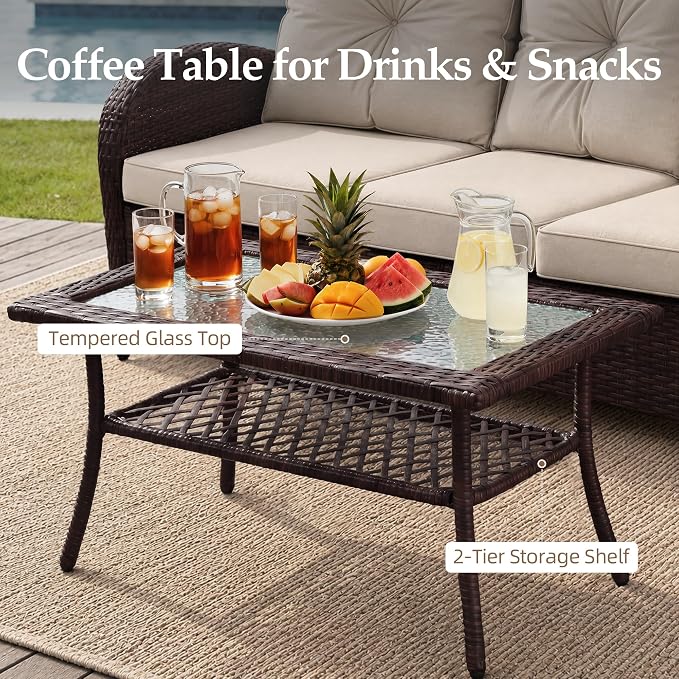 UPHA 6 Pieces Patio Furniture Sets, Wicker Outdoor Sofa Set with Loveseat & 3-Seat Couch, Swivel Chairs, Patio Conversation Set for Deck Backyard Garden, Brown Rattan, Beige Cushion