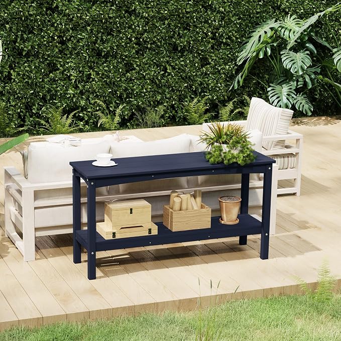 Costaelm Adirondack Outdoor Side Table, 55” HDPE Small Outside Table with Storage Shelf, Weather Resistant Plant Shelf, Outdoor Coffee Table and Buffet Table for Pool & Yard, Navy Blue