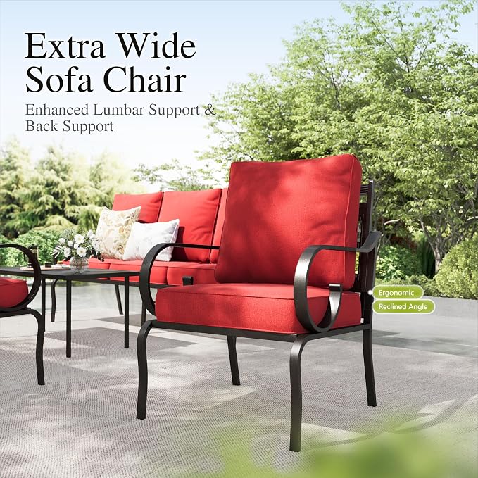 Sophia & William Patio Conversation Set for 7, a Loveseat, 3-Seater Sofa, 2 Fixed Chairs and a Coffee Table, Metal Outdoor Furniture with 5.75" Extra Thick Cushions, Red