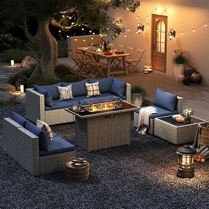 UDPATIO Patio Furniture Set with Fire Pit Table, 8 Pieces Outdoor Sectional Sofa, PE Wicker Patio Conversation Set for Garden, Backyard Blue