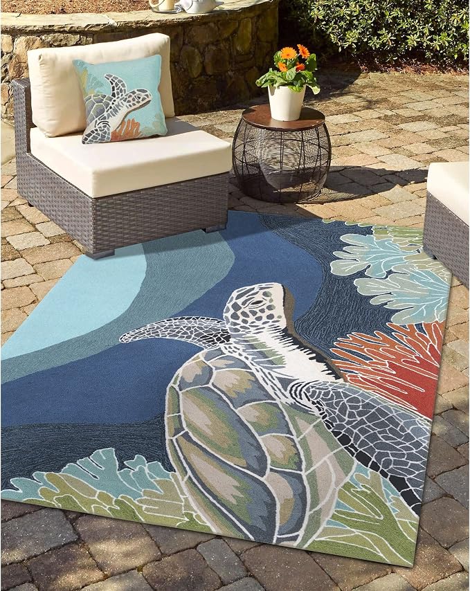 Liora Manne Lush Decor FRONTPORCH Indoor/Outdoor Handmade Pillow - Transitional Graphic Casual Animal Accent (Akumal Ocean) (18" x 18")