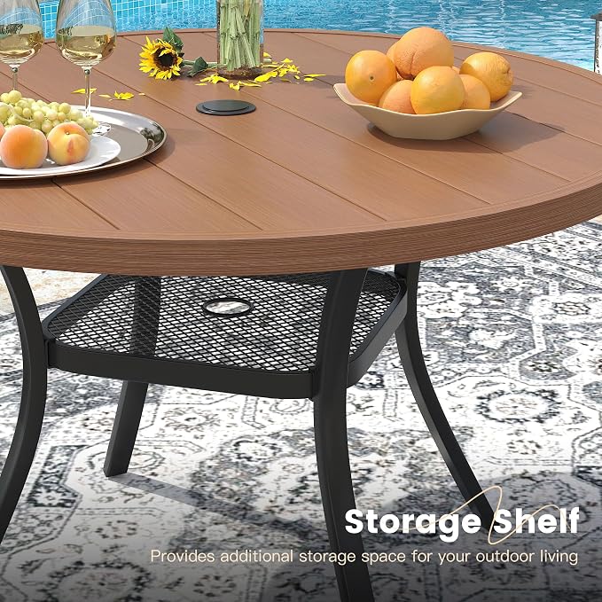 VICLLAX 40.6" Round Metal Outdoor Dining Table for 4, Patio Table with Umbrella Hole and Storage Shelf for Garden, Lawn, Deck, Walnut