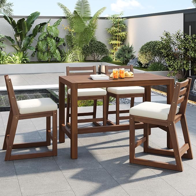 WILLIAMSPACE 51.9" 5-Piece Outdoor Bar Table Set, Patio Acacia Wood Bar Height Table & 4 Chairs with Cushions, Solid Wood Outdoor Dining Bistro Bar Set for Poolside, Balcony, Backyard (Mocha)