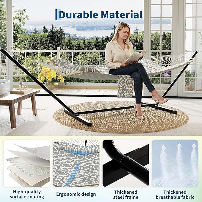 Double Hammocks with Stand for Outside, Heavy Duty Portable Outdoor Hammock with Carrying Bag & Soft Pillow & Paded, 450 LBS Weight Capacity, Perfect for Outdoor Indoor Patio Backyard Garden