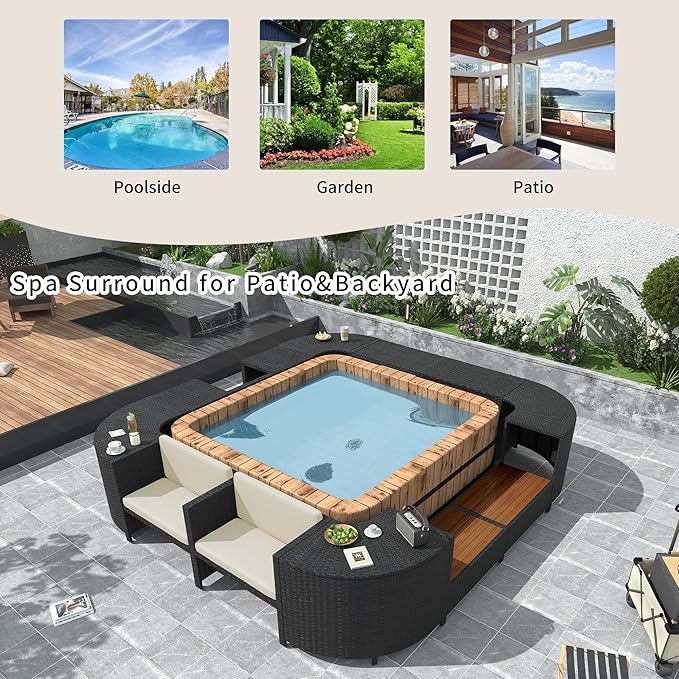 LUMISOL Square Spa Surround Spa Frame, Quadrilateral Outdoor Rattan Sectional Sofa Set with Sofa, Wood Seats and Storage Spaces for Free Combination, Patio Conversation Set for Poolside Garden, Beige