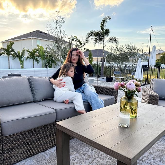 SUNSHINE VALLEY Swivel Glider 5 Piece Outdoor Furniture Set with Swivel Chairs, Wicker Patio Furniture with 4.92" Wide Armrest, 26.3" Deep Seating and 5.5" Thick Cushions, Grey
