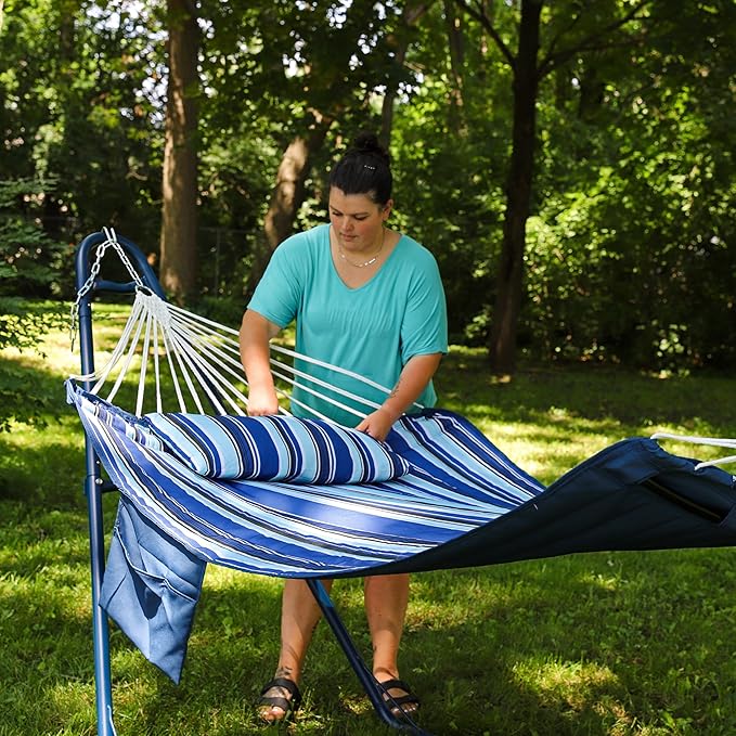 Sunnydaze Quilted Fabric Double Outdoor Hammock - 2-Person Hammock with Metal Curved Spreader Bars - Catalina Beach