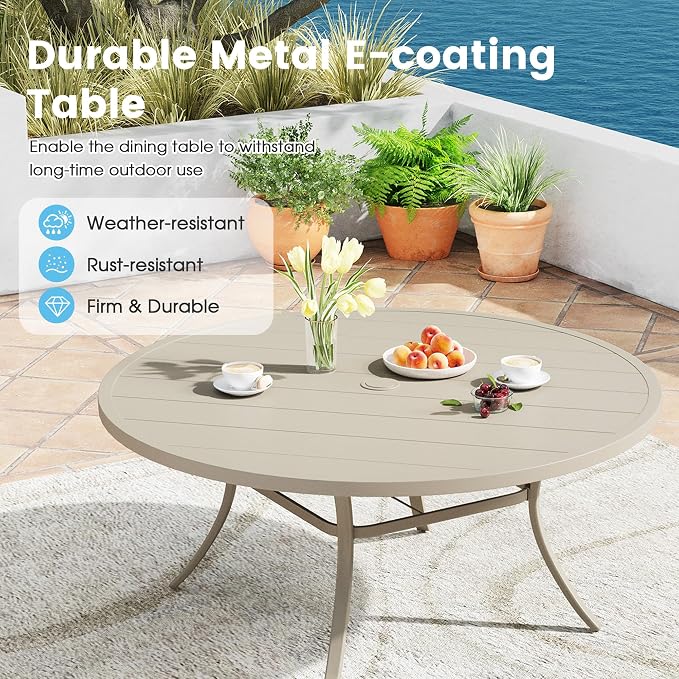 11 Pieces Patio Dining Set, 60" Round Dining Table with Umbrella Hole, 10 Stackable Textilene Fabric Chairs, Metal Structure for Patio, Porch, Garden, Sandshell