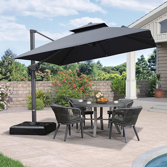 PURPLE LEAF Cantilever Patio Umbrella with Base 10FT Large Double Top Square Offset Outdoor Umbrella with 360°Rotation Hanging Tilting Umbrella Outdoor Grey