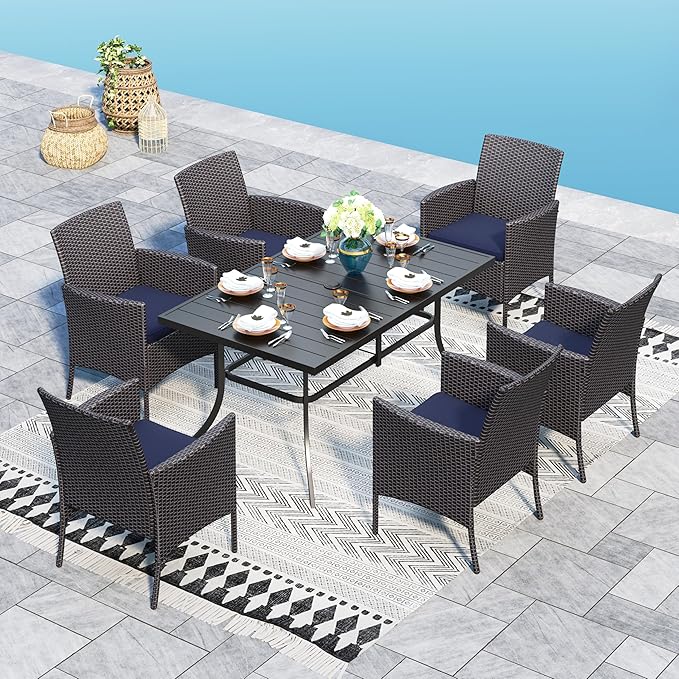 Sophia & William 7 Pieces Patio Dining Set for 6 People, Rectangular Patio Table and Rattan Chairs Set, Metal Outdoor Table and Wicker Chairs Outdoor, 1.57"-1.9" Adjustable Umbrella Hole