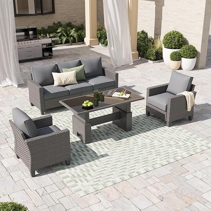 SUNSITT Outdoor Patio Furniture Set 4 Piece Wicker Conversation Set with Lift Coffee Table Sectional Dining Set 3 Seat Sofa Couch with Club Chair, Grey Wicker & Grey Cushion