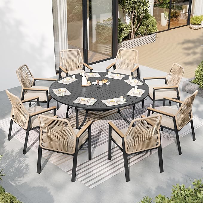 Patio Dining Set 9 Piece, 8 x Woven Rattan Chairs with Waterproof Cushion, 67" Round Metal Dining Table with Umbrella Hole, Outdoor Table and Chairs Set for Backyard Lawn and Deck, Beige