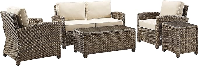Crosley Furniture Bradenton 5-Piece Outdoor Loveseat Patio Furniture Set, Wicker Conversation Sets for Porch, Brown with Sand Cushions