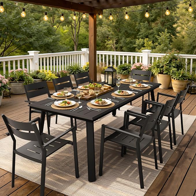 9-Piece Aluminum Outdoor Dining Set with Stackable Armchairs | 82" Large Rectangular Patio Table Rust Proof Outdoor Furniture with Umbrella Hole for Lawn Garden Deck